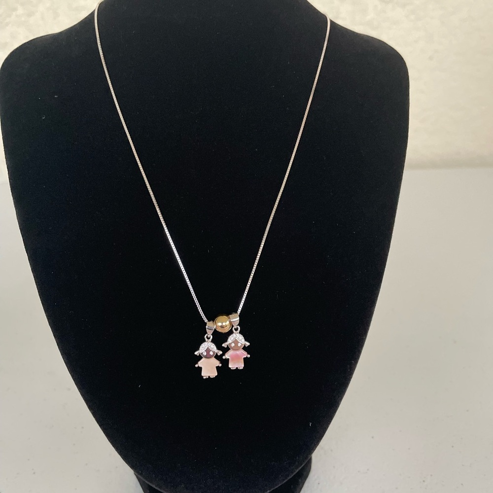 Elegant Pink Pendant Necklace of 2 Little Girls